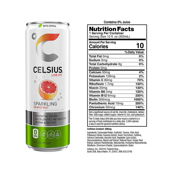 CELSIUS Sweetened with Stevia Sparkling Grapefruit Fitness Drink, Zero Sugar, 12oz. Slim Can (Pack of 12)
